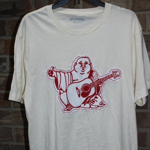True Religion T-Shirt Mens XL Extra Large Cream Big Buddha Applique Logo - Picture 1 of 6